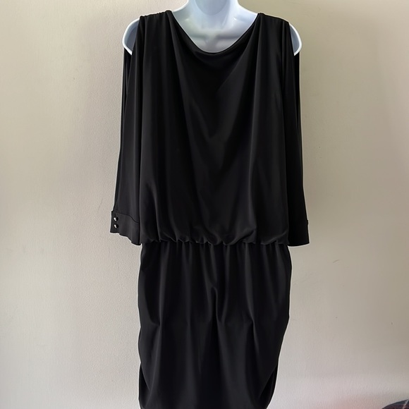White House Black Market Black Split-Sleeve Jersey Knit Dress L - Picture 2 of 7